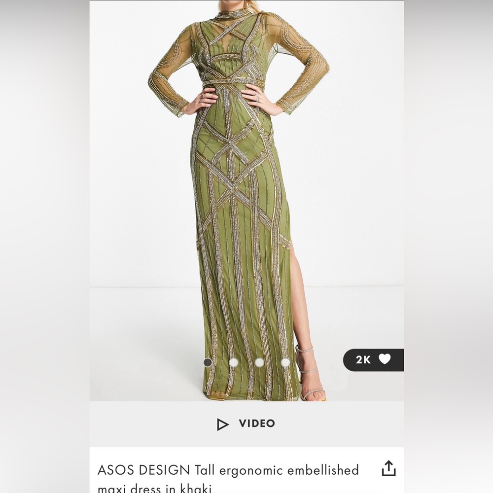 ASOS DESIGN Tall ergonomic embellished maxi dress in khaki green. Size 16 tall.